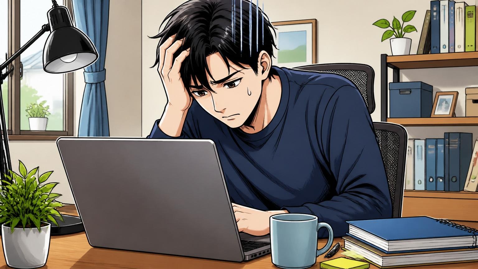 自宅のデスクで在宅勤務中の20代男性が、ノートPCを開いて沈痛な表情を浮かべる