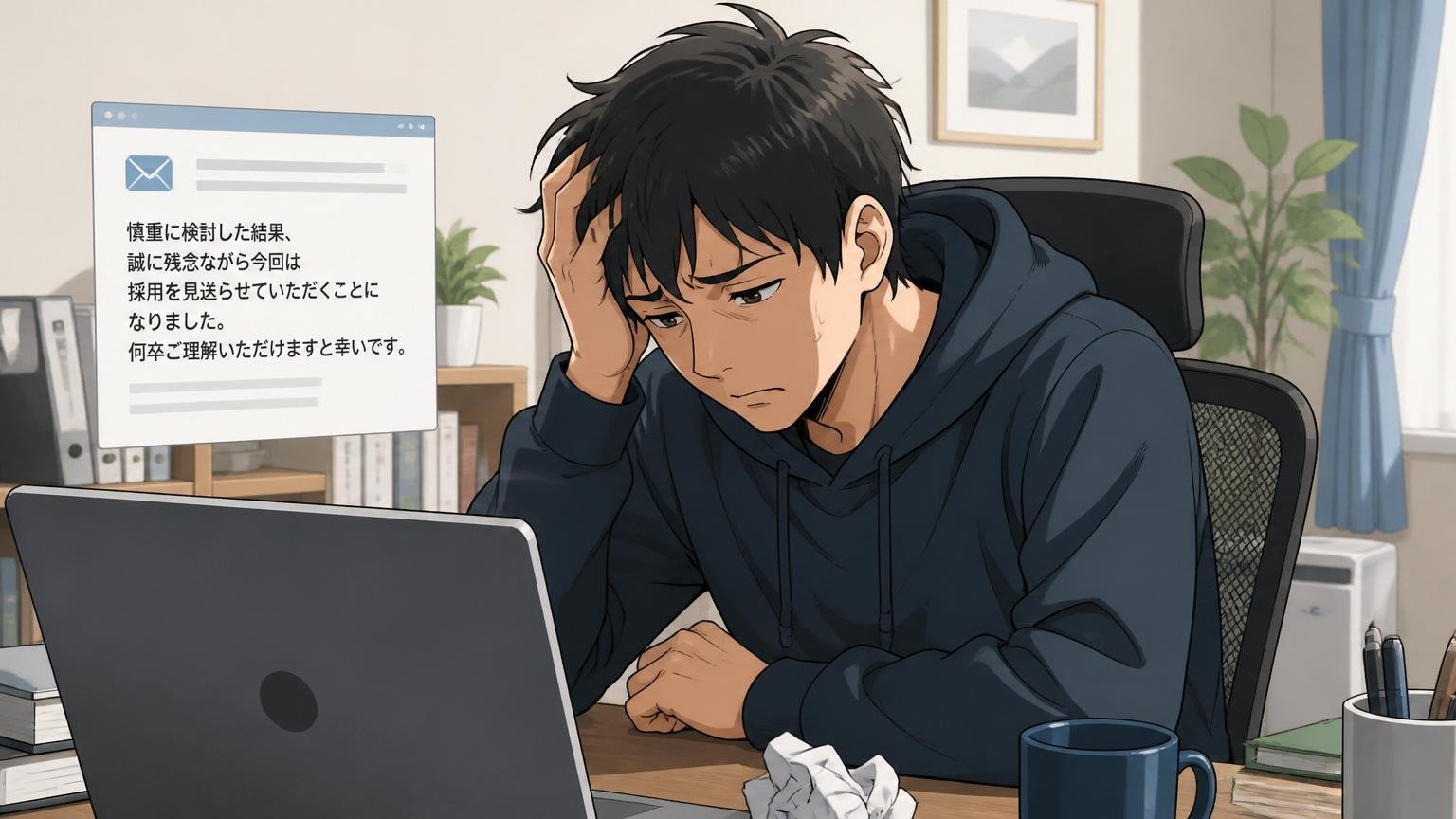 自宅のデスクで在宅勤務、20代後半男性ITエンジニアが1人、不採用メールを見て肩を落とす表情