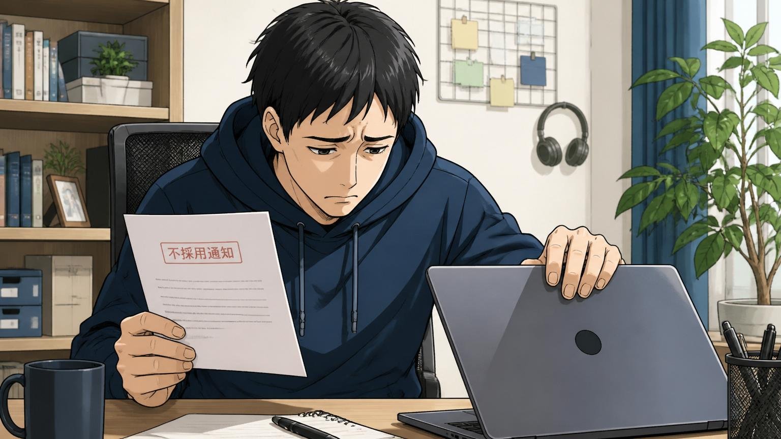 自宅のデスクで不採用通知を見て肩を落とす20代後半のエンジニア1人がノートPCを閉じようとしている
