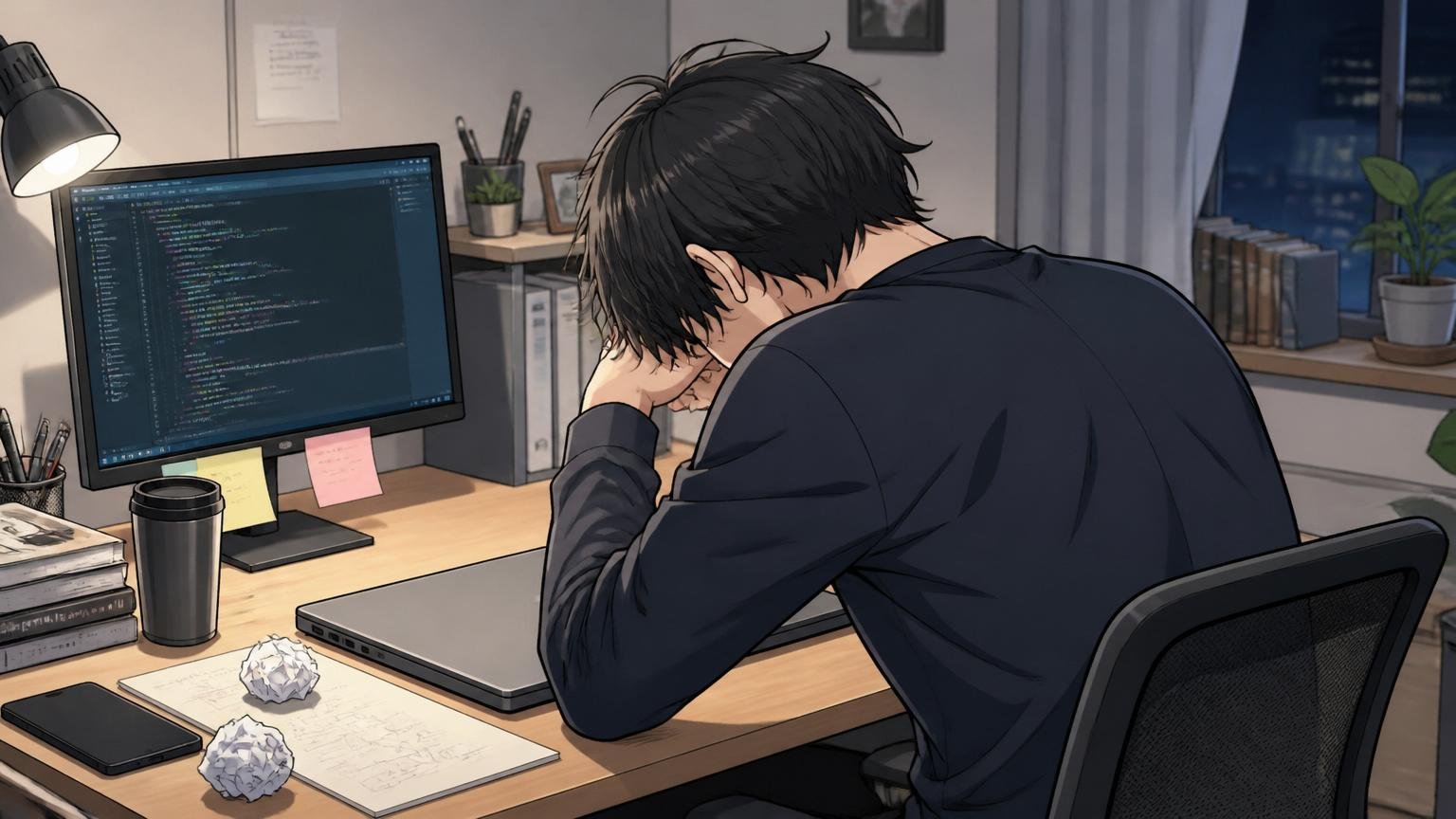 自宅のデスクで深夜にノートPCを閉じてうつむく若手エンジニアの後ろ姿
