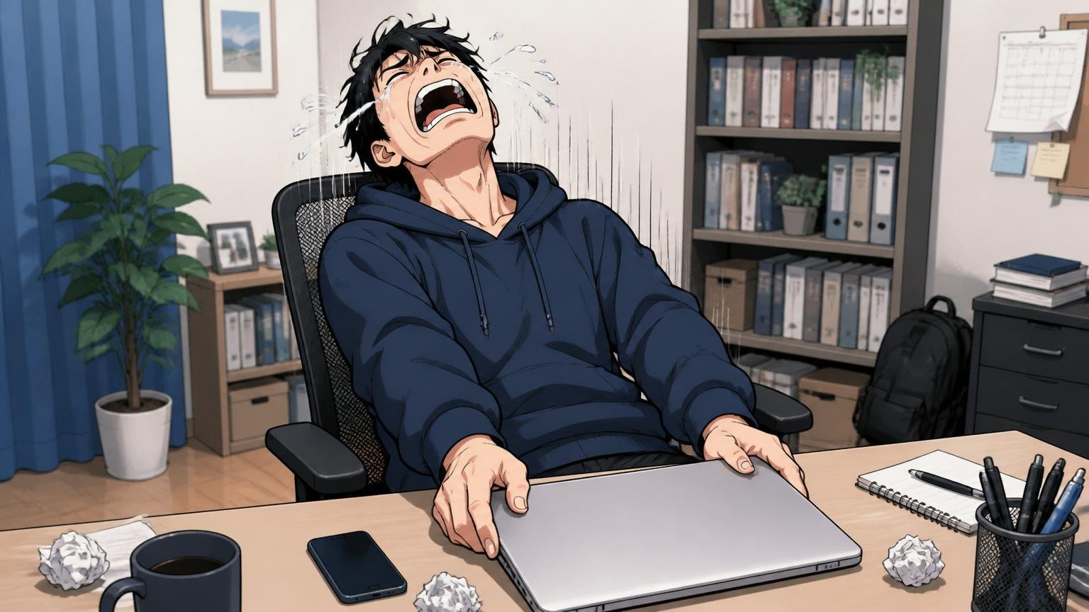 不採用通知を受け取った後の自宅デスクで、男性エンジニアがノートPCを閉じて天井を仰ぐシーン。1人。落胆と疲労のオーバーリアクション