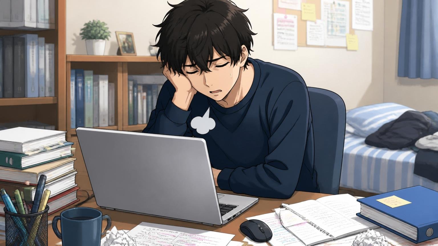 落ちたのはあなた1人じゃない、就活生の自宅デスクで、1人の若手就活生がノートPCを前にうつむきため息をつく
