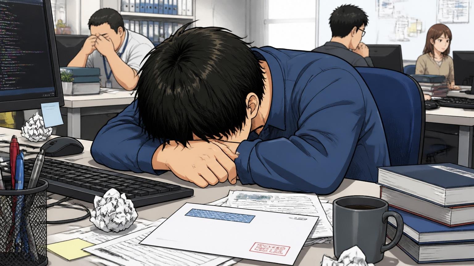 三井情報不採用通知を読んだ瞬間、何をしてはいけないか。SIerの開発現場で落ち込むエンジニア1名、机に伏せる表情