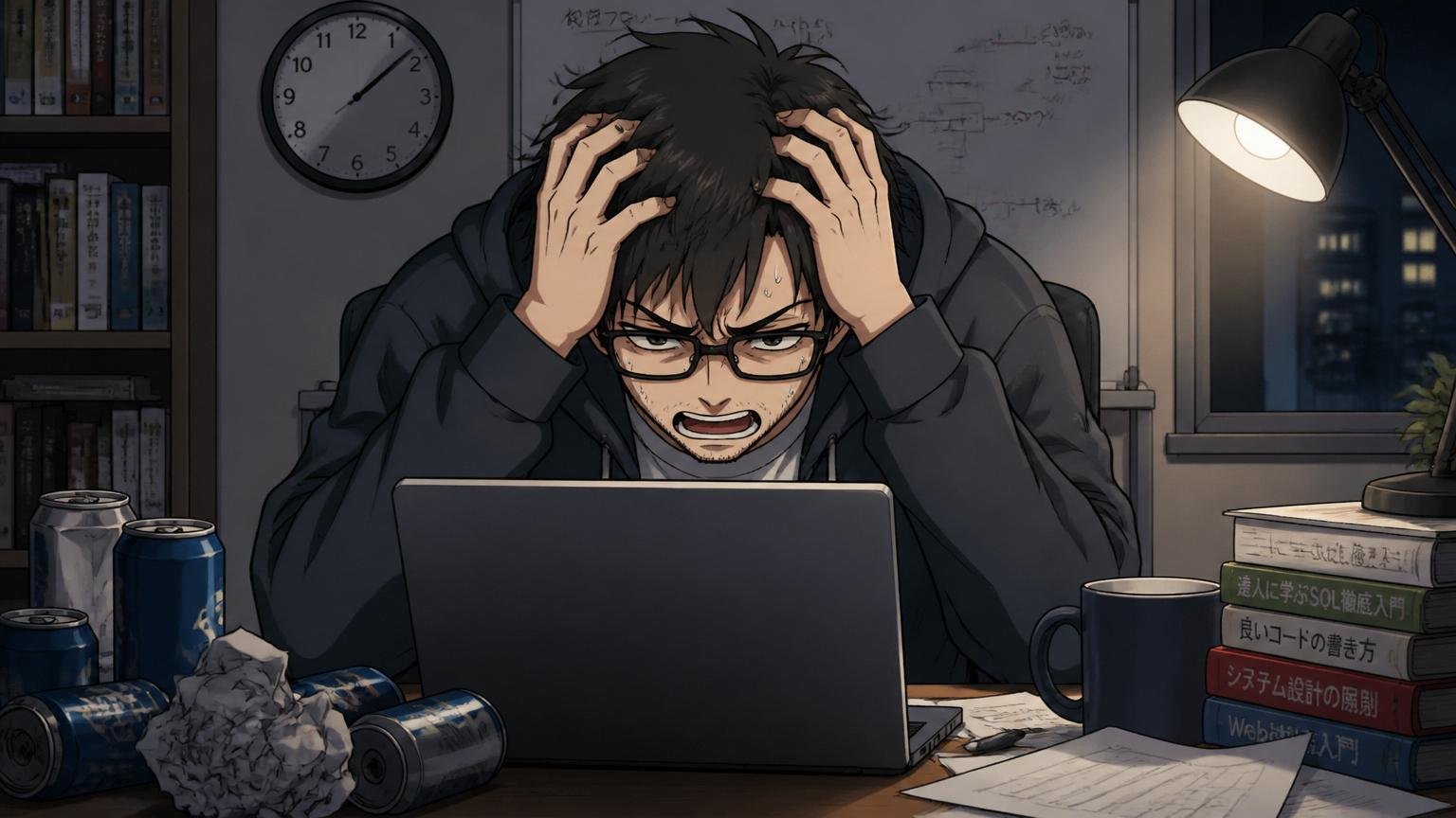 自宅のデスクで深夜、ノートPCを前にうつむく30代男性エンジニアが頭を抱える
