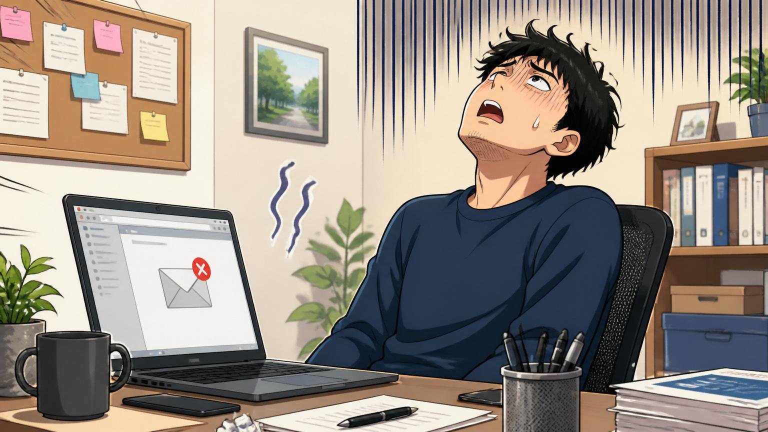 自宅のデスクで在宅勤務中の30代男性エンジニアが、ノートPCの不採用メールを開いた瞬間、肩を落として天井を見上げる