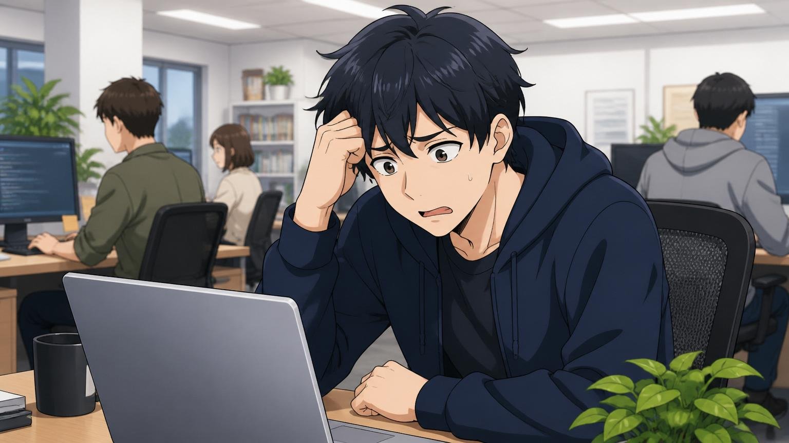 Web系スタートアップのオフィスで一人の20代男性エンジニアが不採用通知のノートPC画面を見つめて落胆する表情