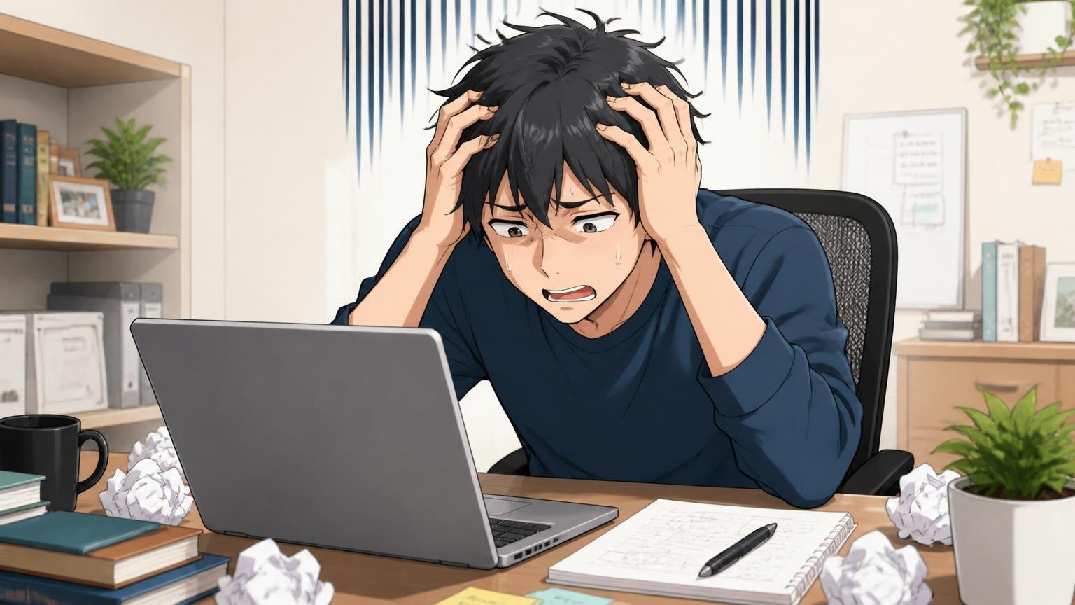 自宅のデスクで在宅勤務中の30代男性エンジニアが、ノートPCを開きながら頭を抱えて落ち込む様子