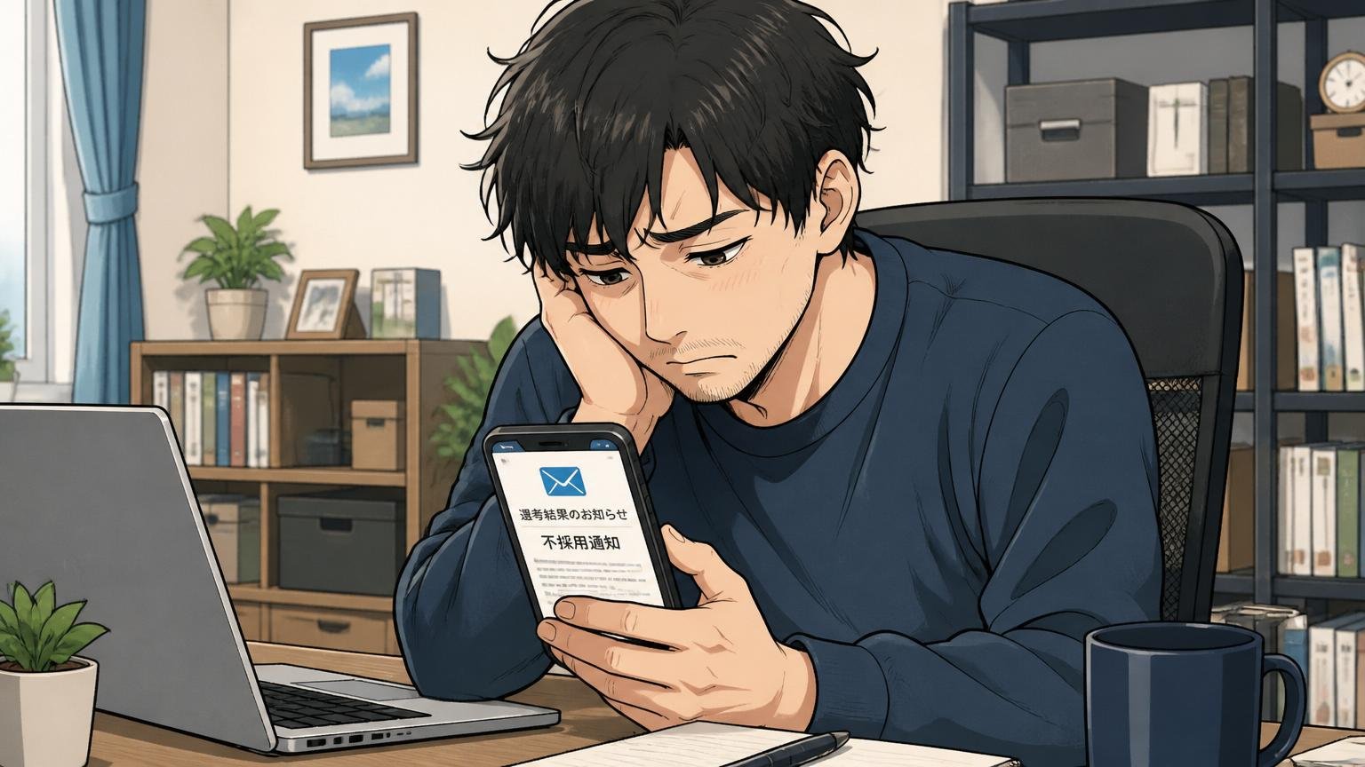 自分はダメな人間だと感じてしまうのは自然な反応。自宅のデスクで在宅勤務中の30代エンジニアが、不採用通知メールを見て肩を落としている1人の表情