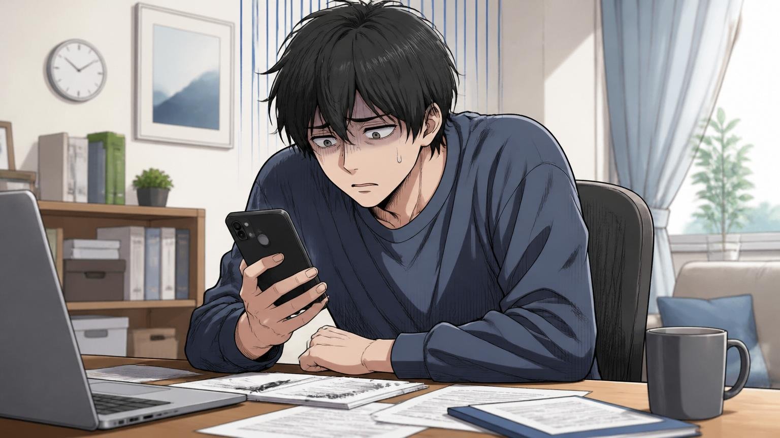 お祈りメールが届いた瞬間。自宅のデスクで在宅勤務中の20代男性1人。スマホ画面を見て肩を落とす