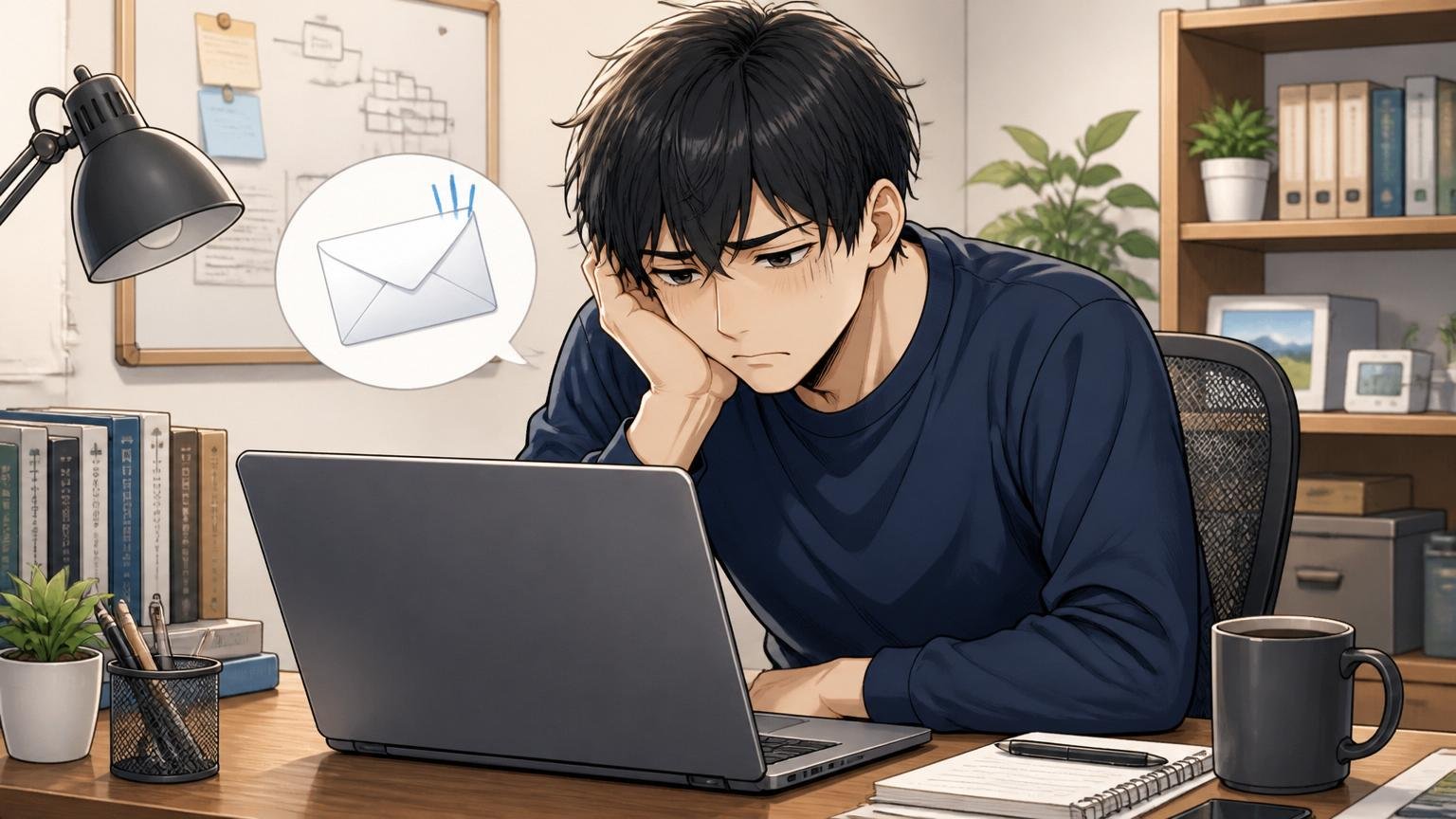落ちたのは自分が否定されたからではない、自宅のデスクで在宅勤務のエンジニアが不採用メールを見て肩を落とす