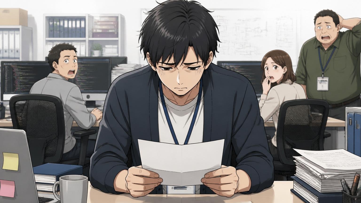 技術力があっても落ちる｜SIerの開発現場で男性エンジニアが不採用通知を見て肩を落とす