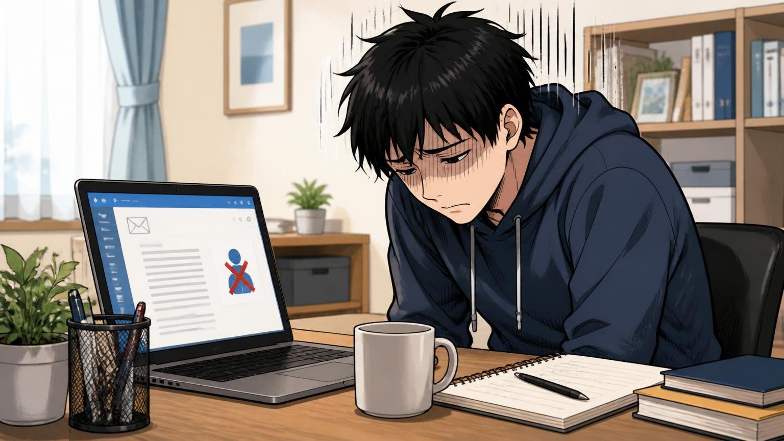 お祈りメールを見た日。自宅デスクで在宅勤務中の30代男性エンジニアがノートPCの不採用通知を見て肩を落とす