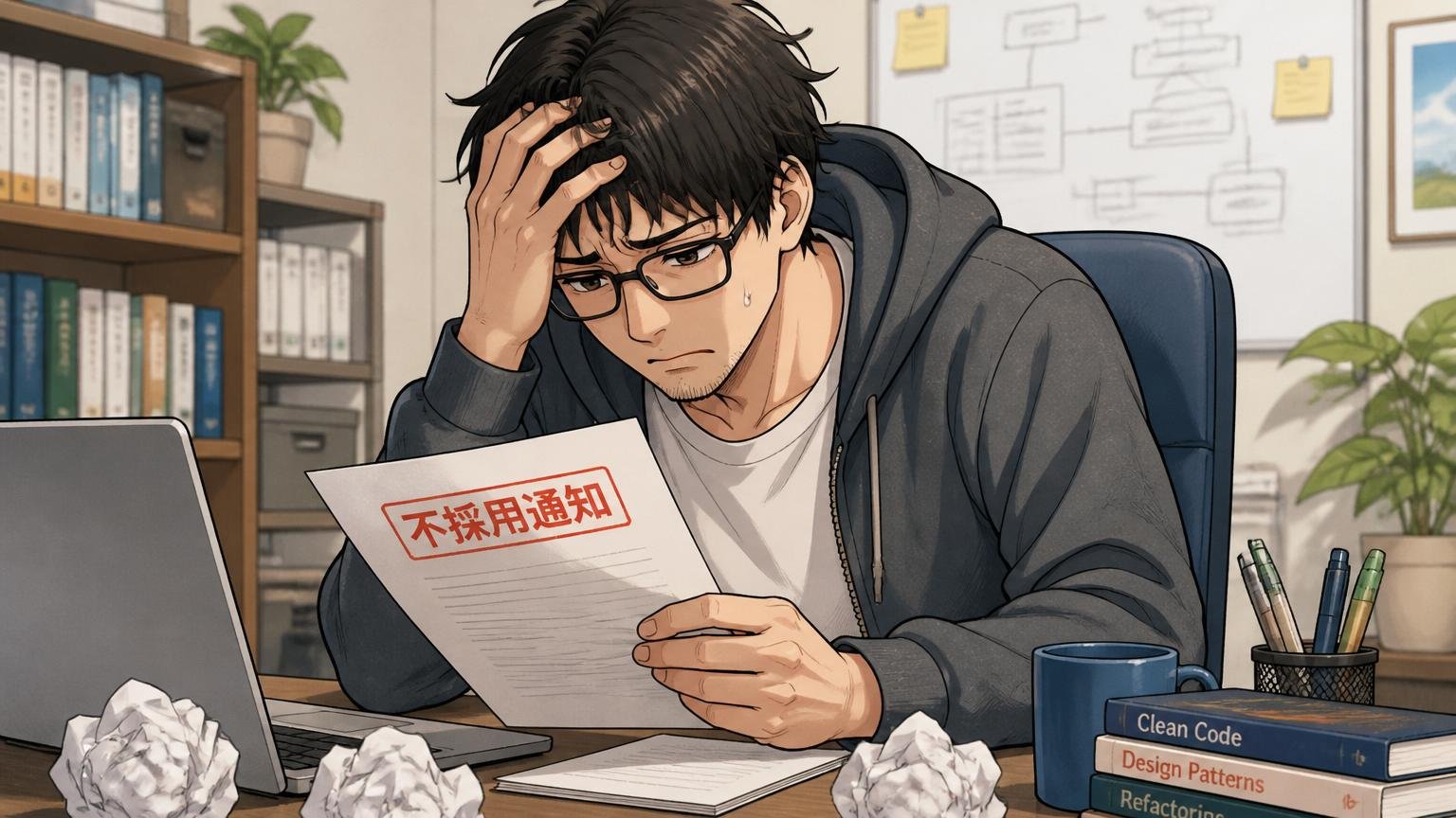 「落ちた＝実力不足」とは限らない理由 自宅のデスクで不採用通知を見て肩を落とす30代男性エンジニア