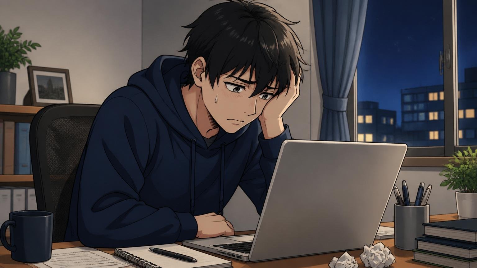 お祈りメールを夜に開いて肩を落とすエンジニア、自宅のデスクで在宅勤務、1人がノートPCの前でうつむく表情