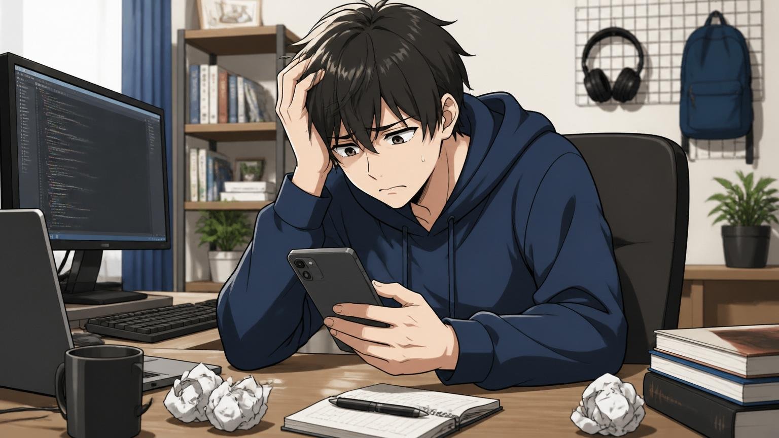 落ちてもダメじゃない。自宅のデスクで20代男性エンジニアが不採用メールを見て肩を落とす