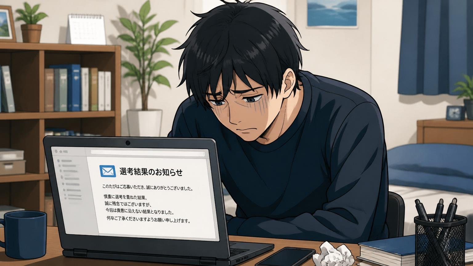 自宅のデスクで不採用メールを見て肩を落とす20代男性、暗い表情でうつむく一人のシーン