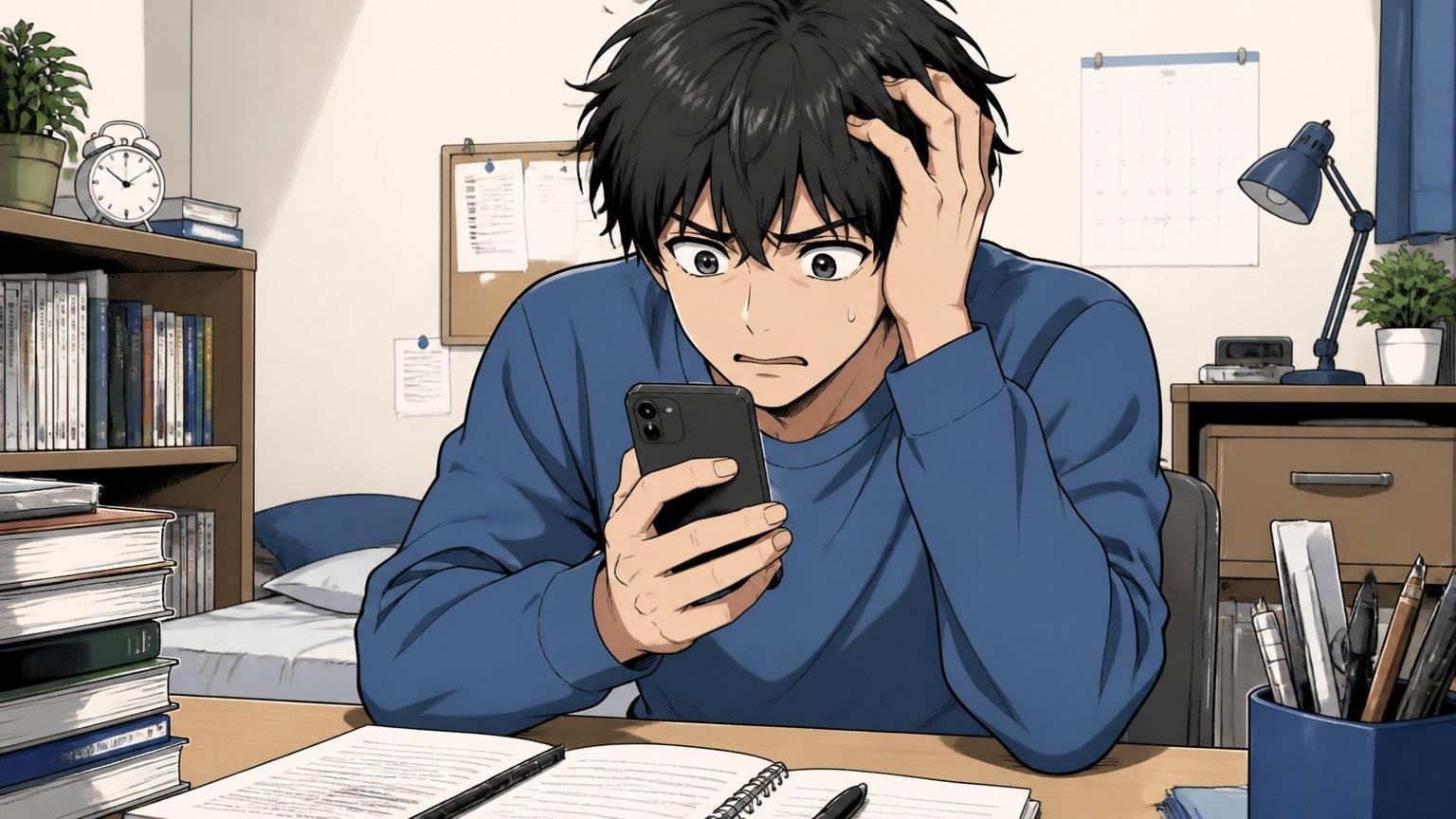 連絡が来ないその沈黙が一番つらい、自宅のデスクで合否連絡を待つ男性がスマホを握りしめ不安げな表情、1人
