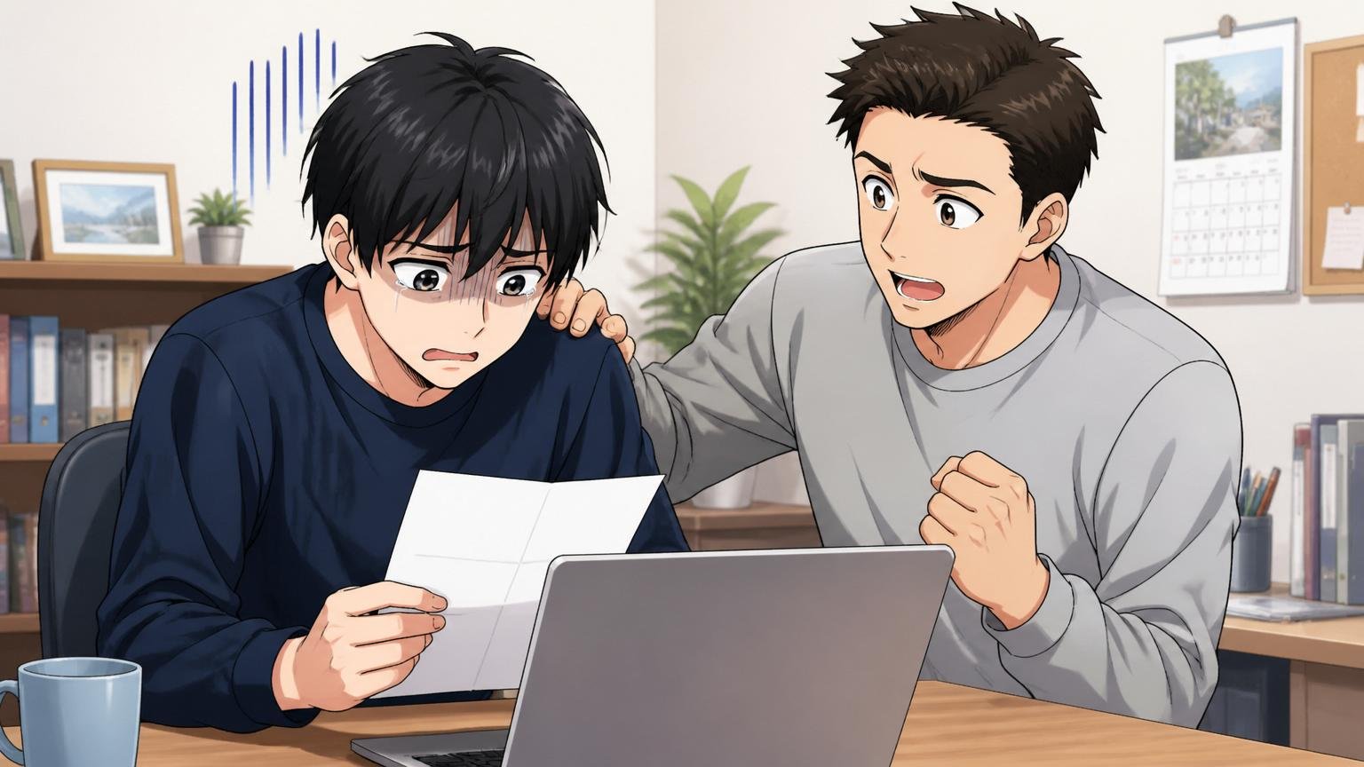 不採用通知を見て肩を落とす若手男性と、隣で励ます先輩。自宅のデスクでノートPCを前にした2人