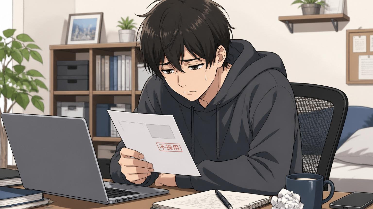 不採用通知を受け取り肩を落とす20代エンジニア、自宅のデスクで在宅、ノートPCを前にうつむく表情