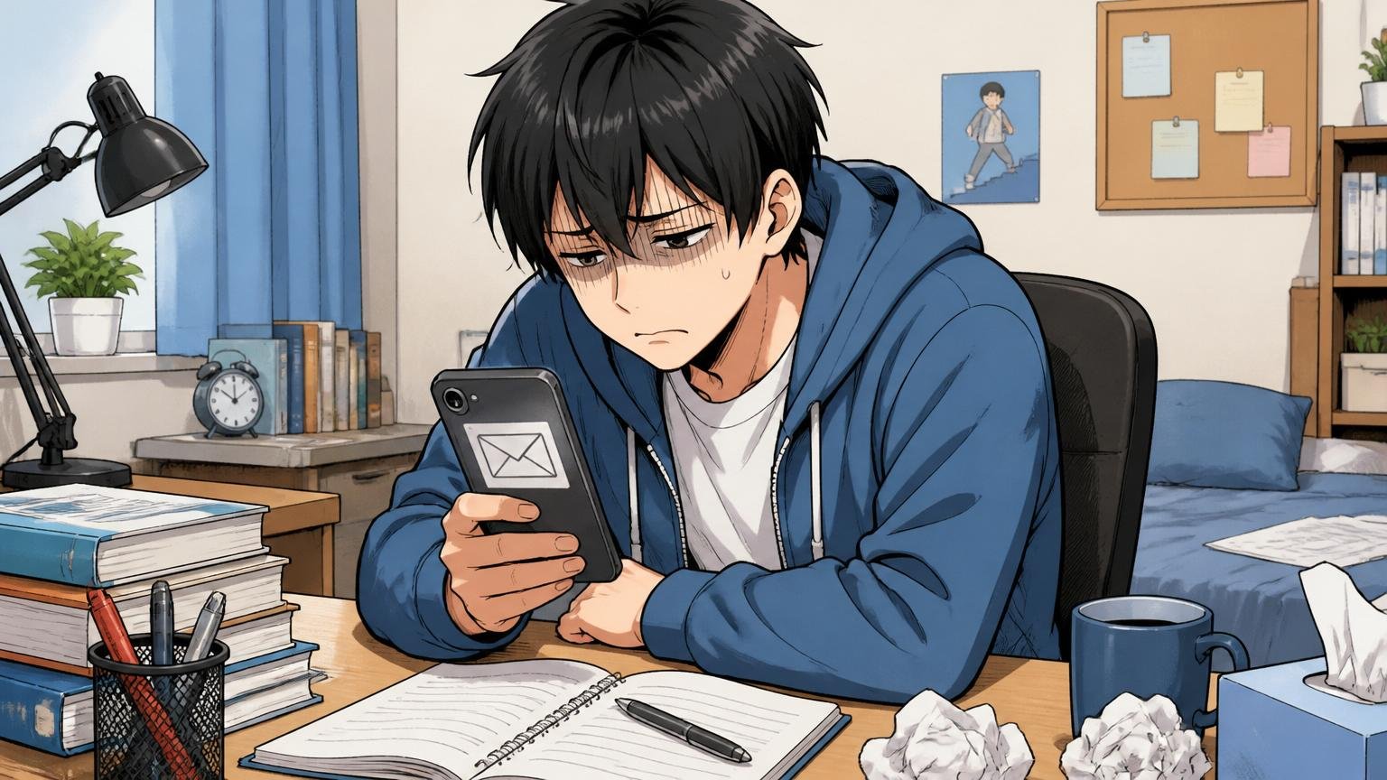 「入りやすい会社で落ちてつらい」自宅のデスクで20代男性が不採用メールを見て肩を落とす
