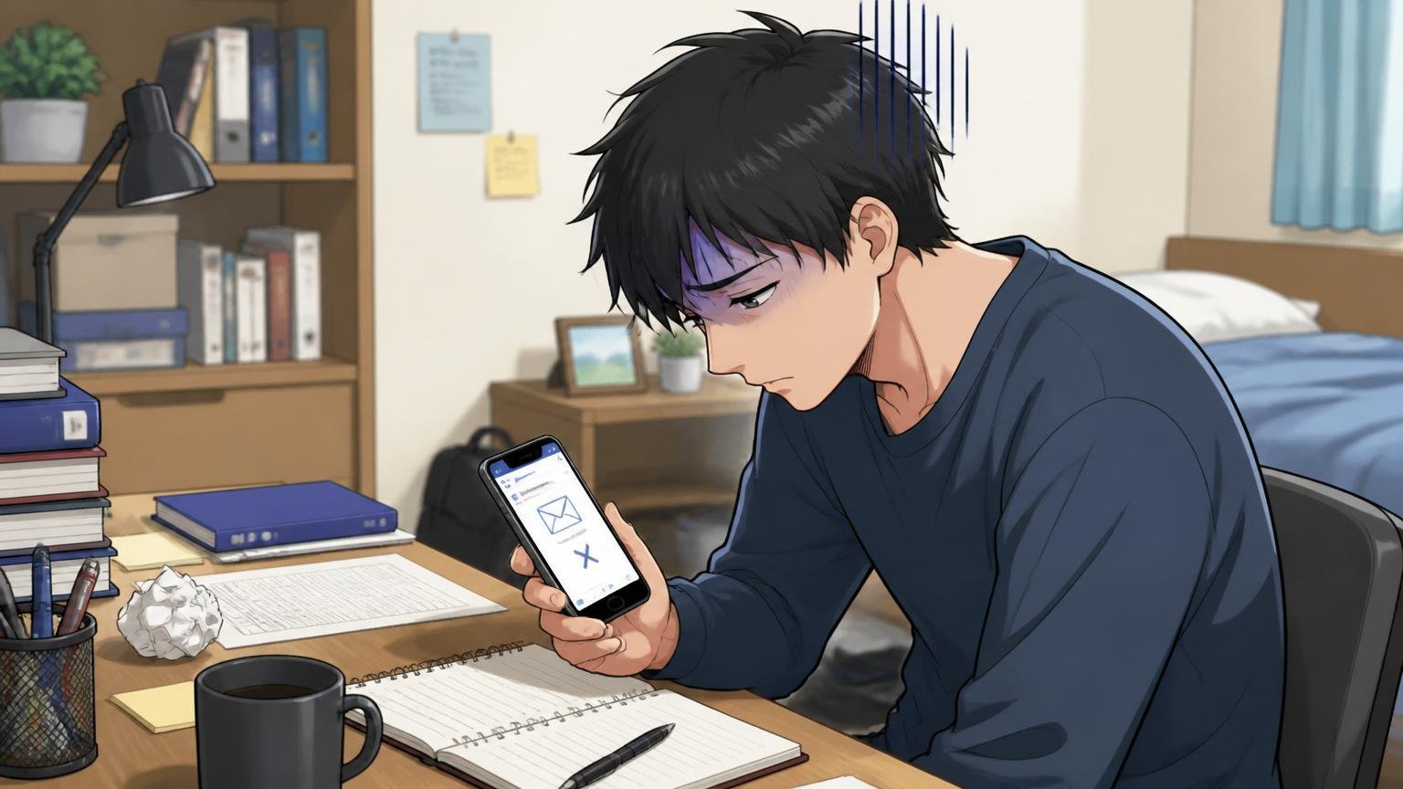 易しいと言われる選考に落ちて落ち込む、自宅のデスクで不採用メールを見て肩を落とす20代男性