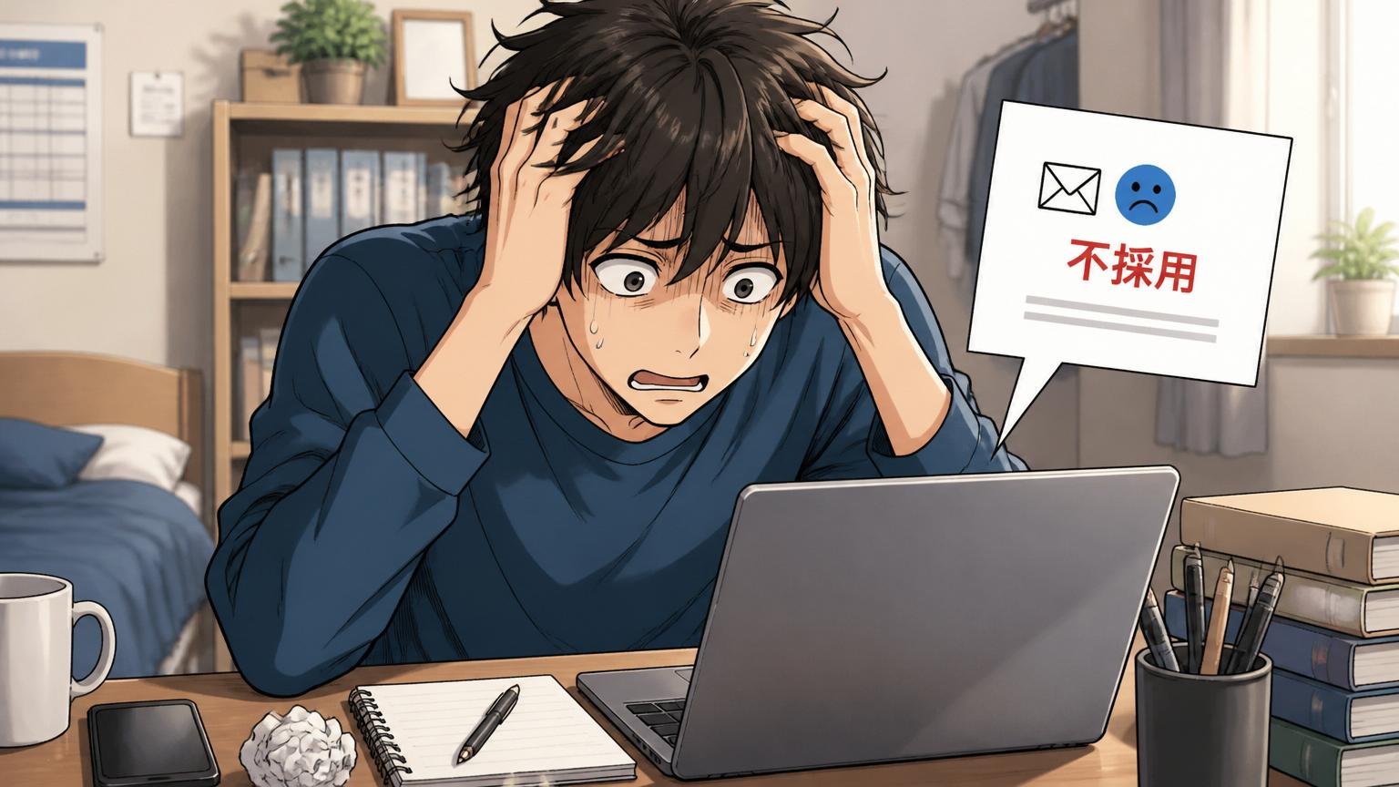 自宅のデスクで不採用メールを見て頭を抱える20代男性の落胆した表情