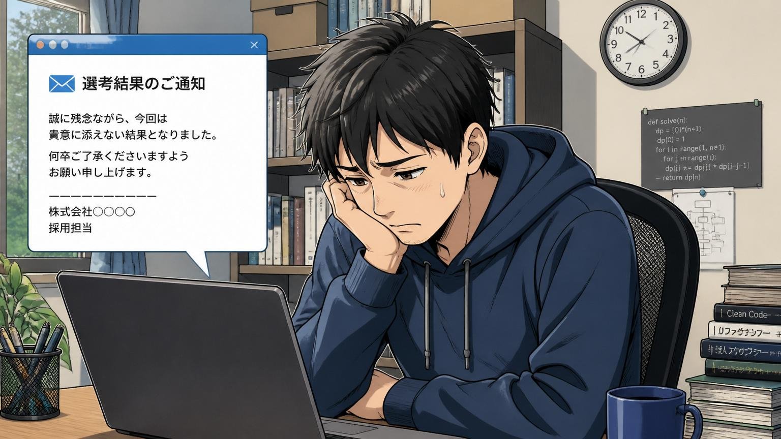 自宅のデスクで不採用メールを見て肩を落とす30代の男性エンジニア、うつむいた表情