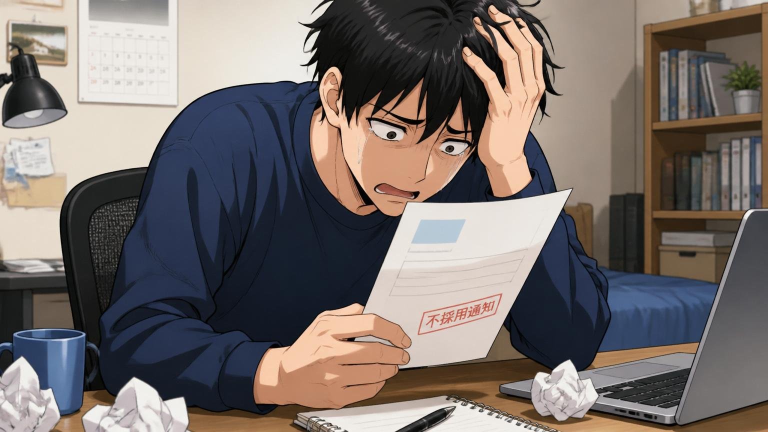 誰でも受かるはずと落ち込む。自宅のデスクで不採用通知を見て肩を落とす20代男性1人
