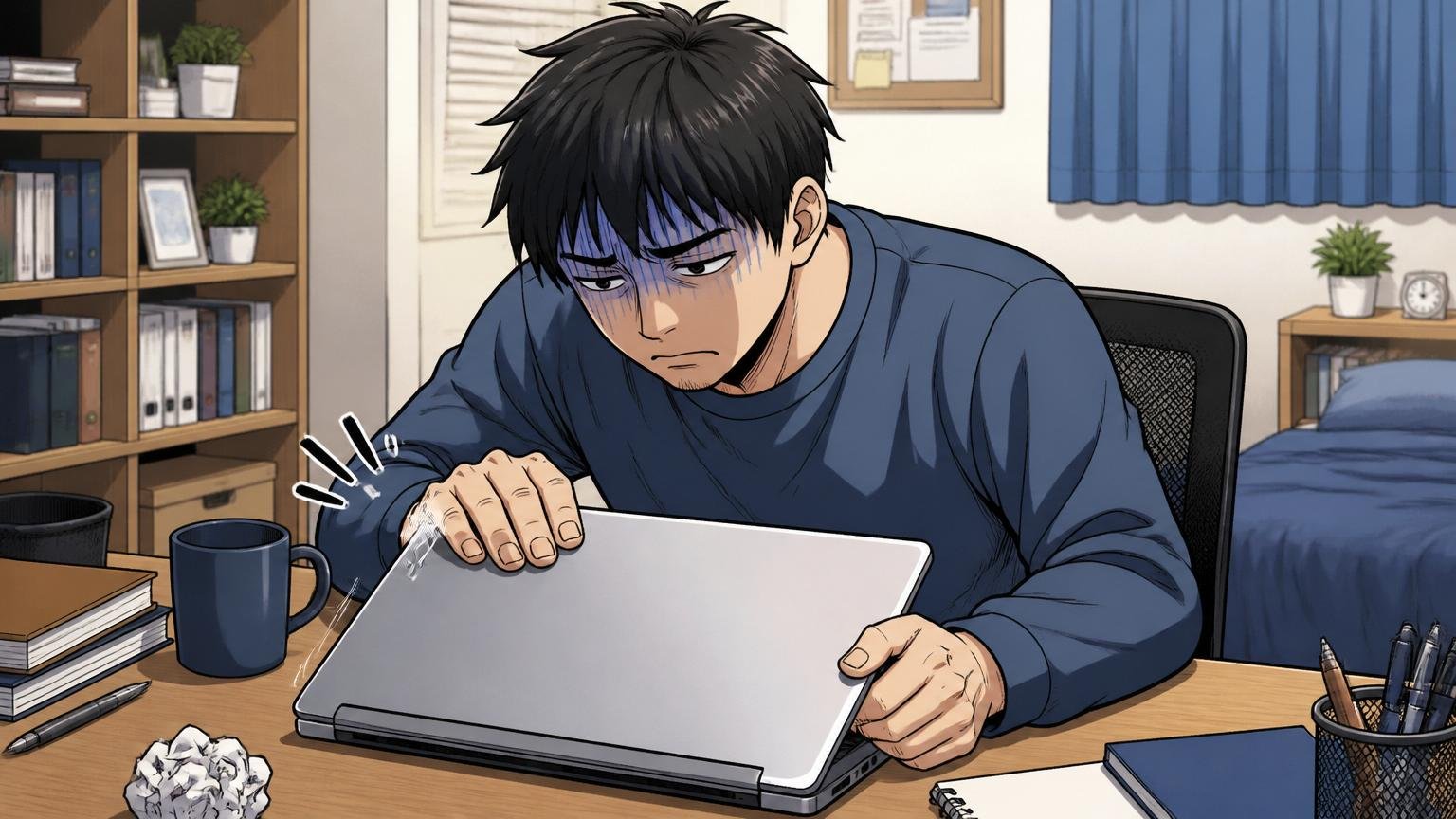 不採用通知に肩を落とす男性、自宅のデスクでノートPCを閉じる姿