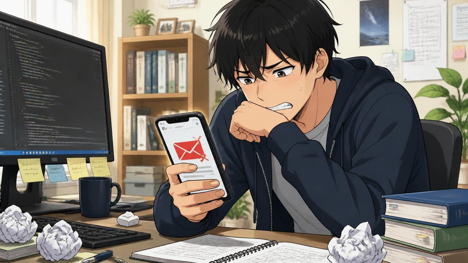 落ちた＝価値が低いではない理由。自宅のデスクで不採用メールを見て肩を落とす20代男性エンジニア、悔しい表情