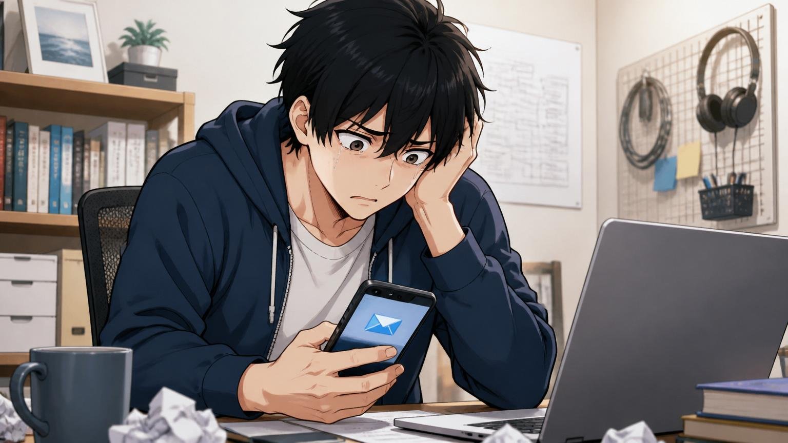 落ちたのは無価値だからではない、自宅のデスクで不採用メールを見て肩を落とす20代男性エンジニア