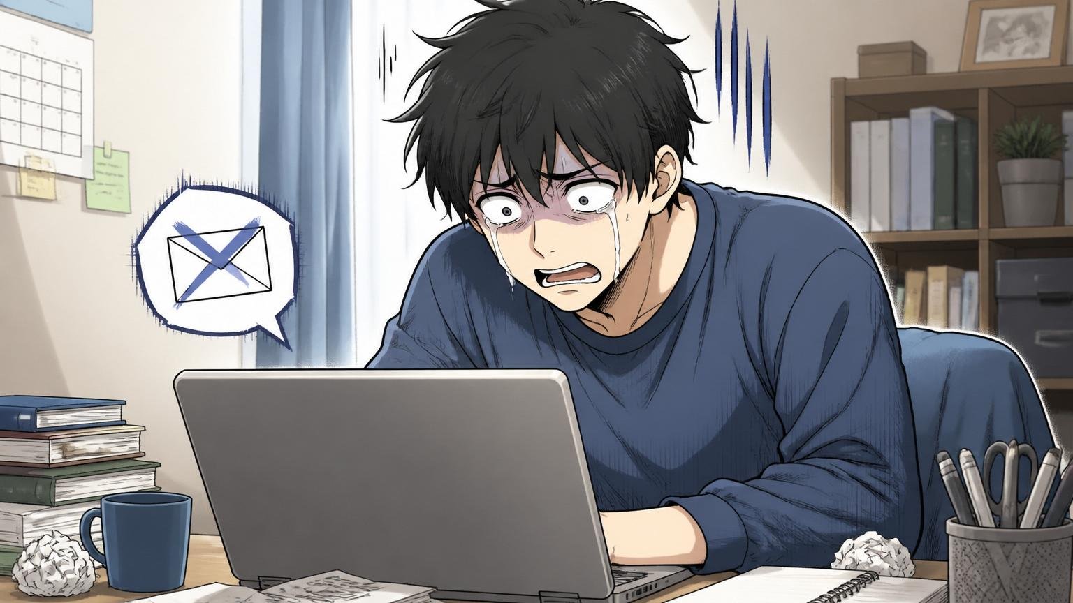 不採用通知を見た瞬間。自宅のデスクでノートPCを開く20代男性が肩を落とす