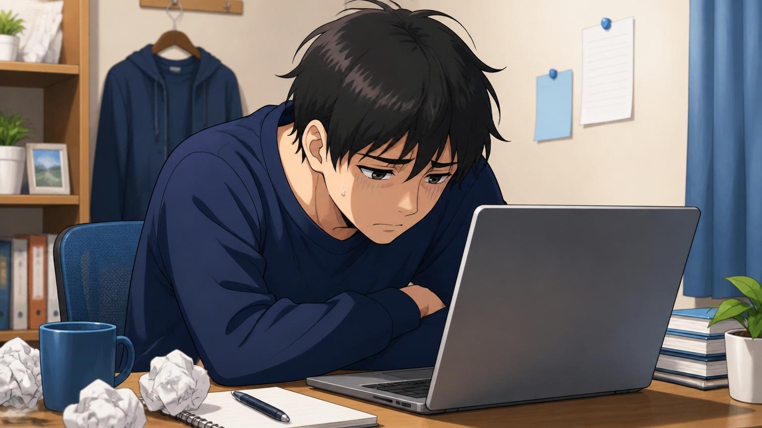 日立産業制御ソリューションズに落ちて落ち込む若手エンジニア。自宅のデスクでノートPCを見つめうつむく男性1人