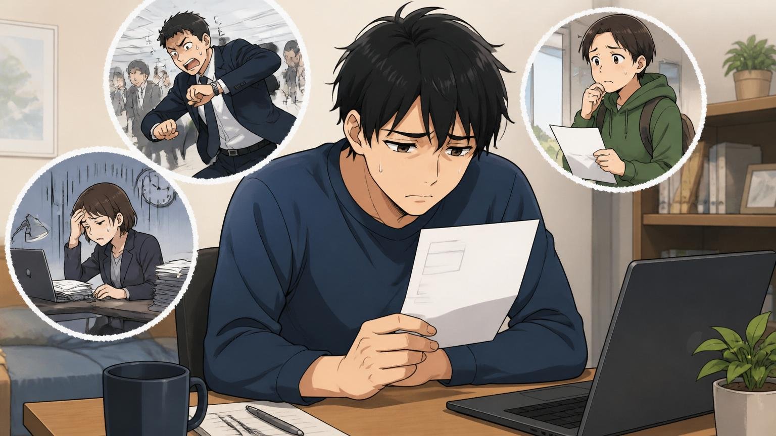 「落ちた＝実力がない」ではない3つの理由 自宅のデスクで不採用通知を見る20代男性が肩を落とす表情