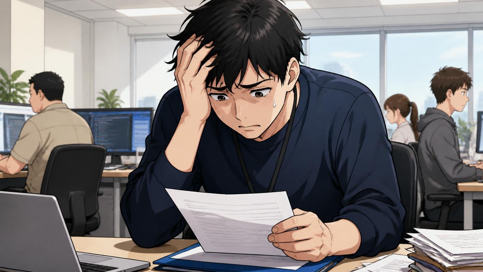 人気の難関企業に挑戦したエンジニア。IT企業のオフィスで応募者1人が落ち込んだ表情で資料を見つめる