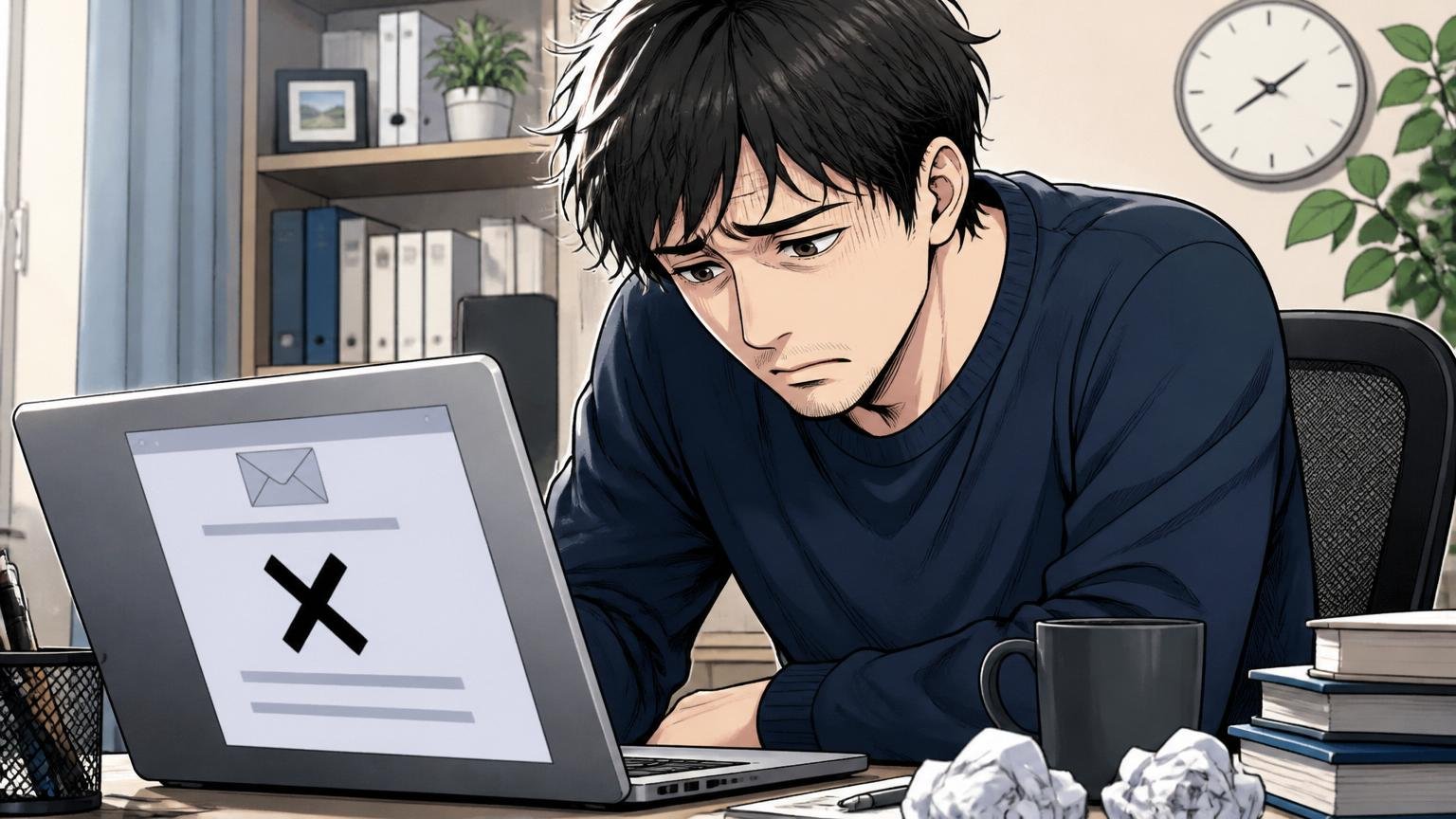 中途採用は高倍率。自宅デスクで不採用メールを見て肩を落とす30代男性エンジニア1人、落胆の表情