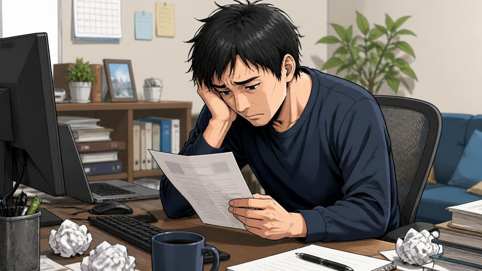 落ちた理由は技術力だけじゃない｜自宅のデスクで不採用通知に肩を落とす30代男性エンジニア1人