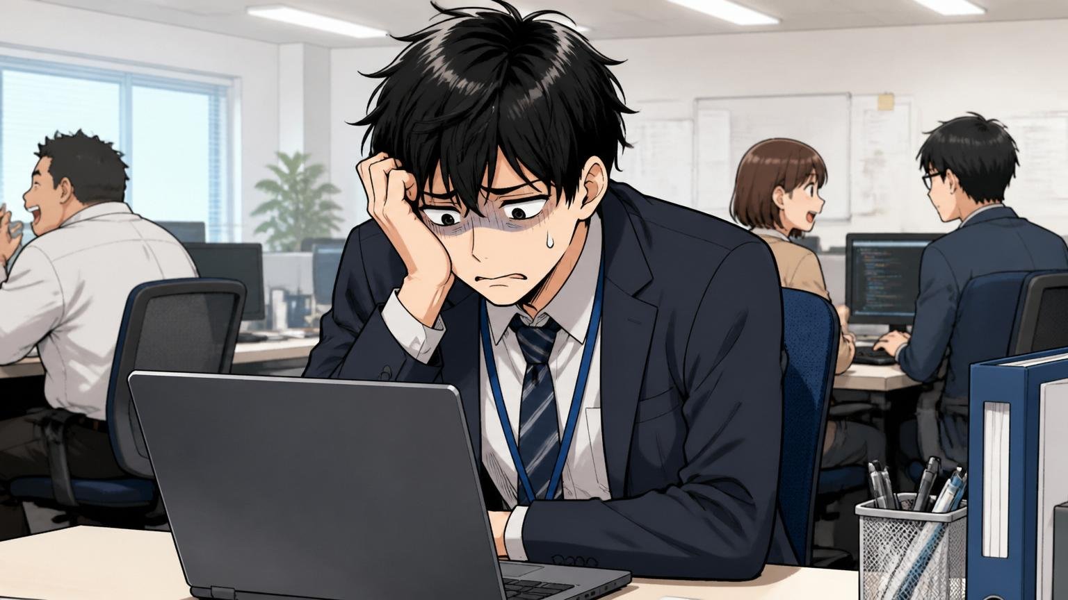 倍率という現実。IT企業のオフィスで応募者がPC画面の不採用通知を見て肩を落とす