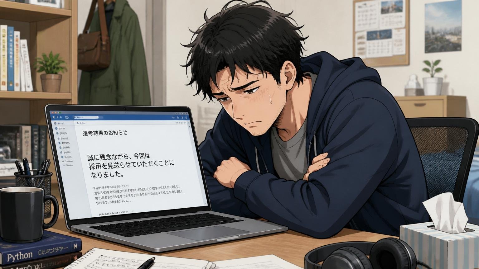 自宅のデスクで不採用通知のノートPCを見つめ肩を落とす20代後半の男性エンジニア