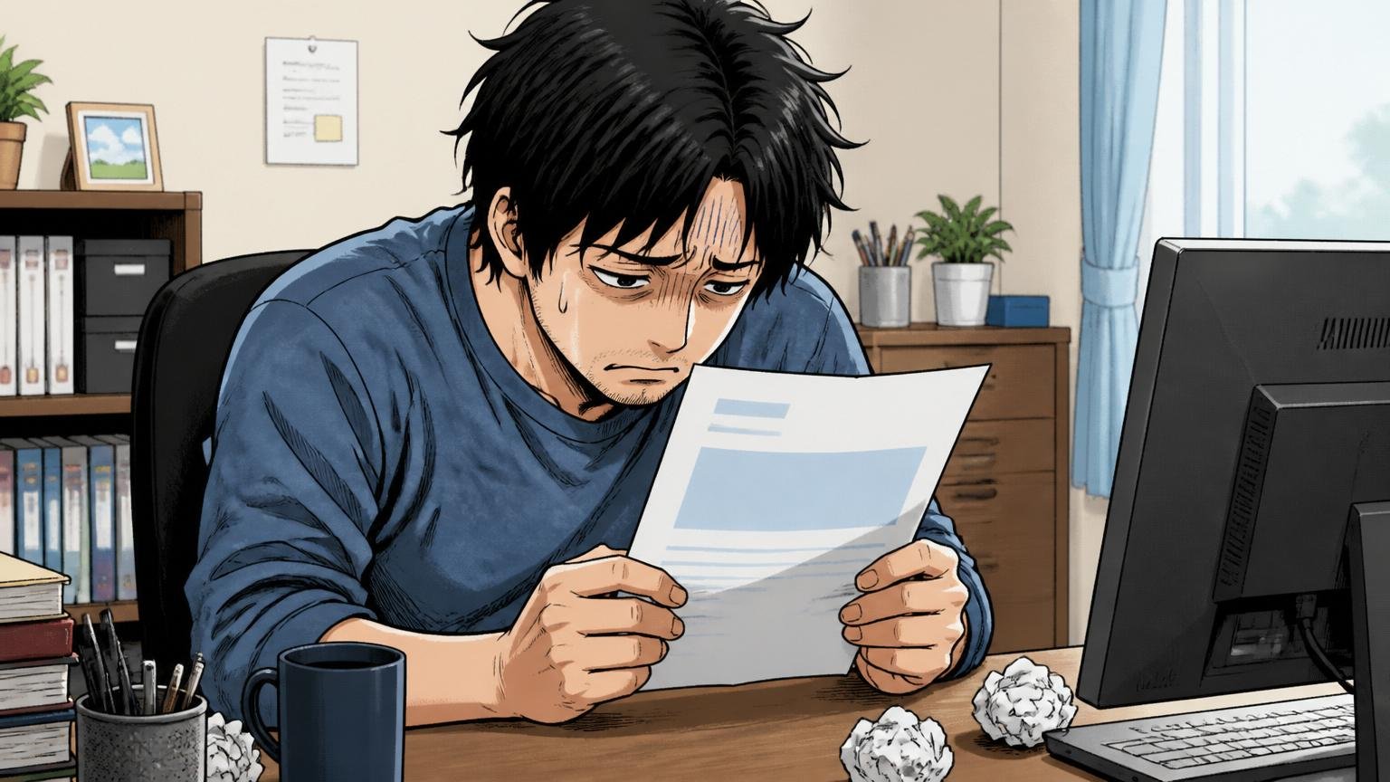 「選考結果のお知らせ」を見た瞬間、自宅のデスクで肩を落とし表情を曇らせる30代男性ITエンジニア
