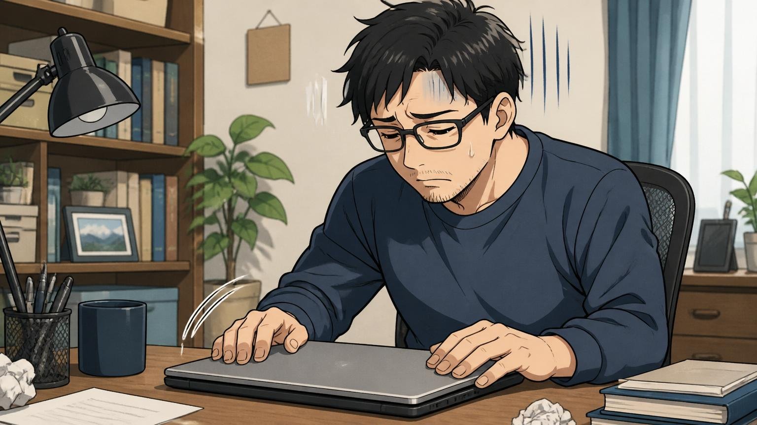 不採用通知を見て落ち込む30代男性エンジニアが自宅のデスクでノートPCを閉じる場面