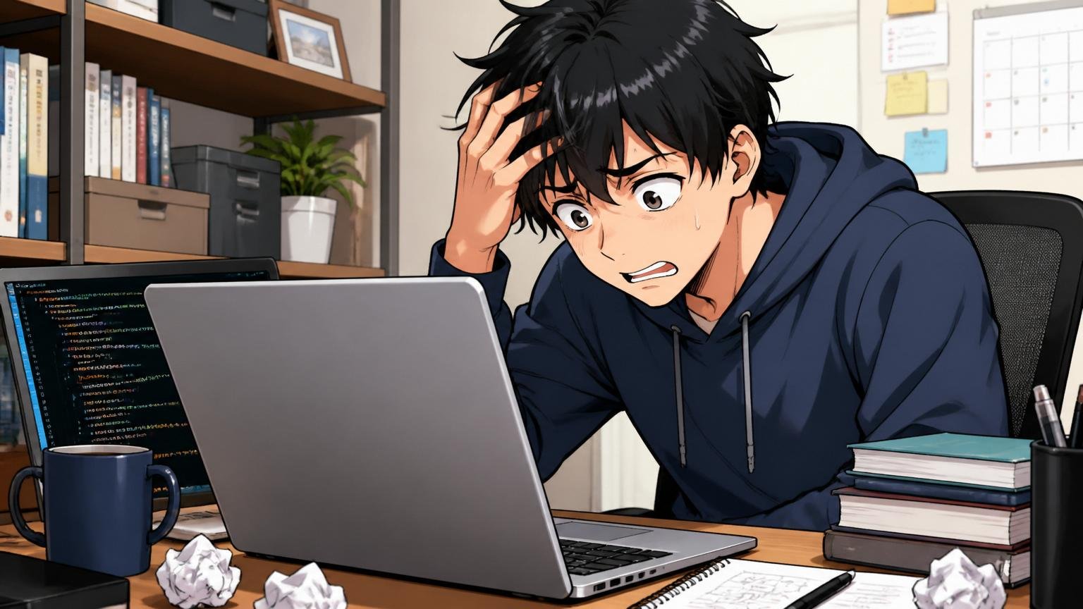 「やばい」で検索するエンジニアの本音。自宅のデスクでノートPCを見る20代男性が不安そうな表情