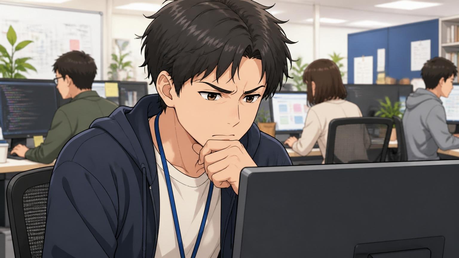 Web系SaaS企業のオフィスでPC画面を覗き込み眉間にシワを寄せて悩む20代後半男性エンジニア1人