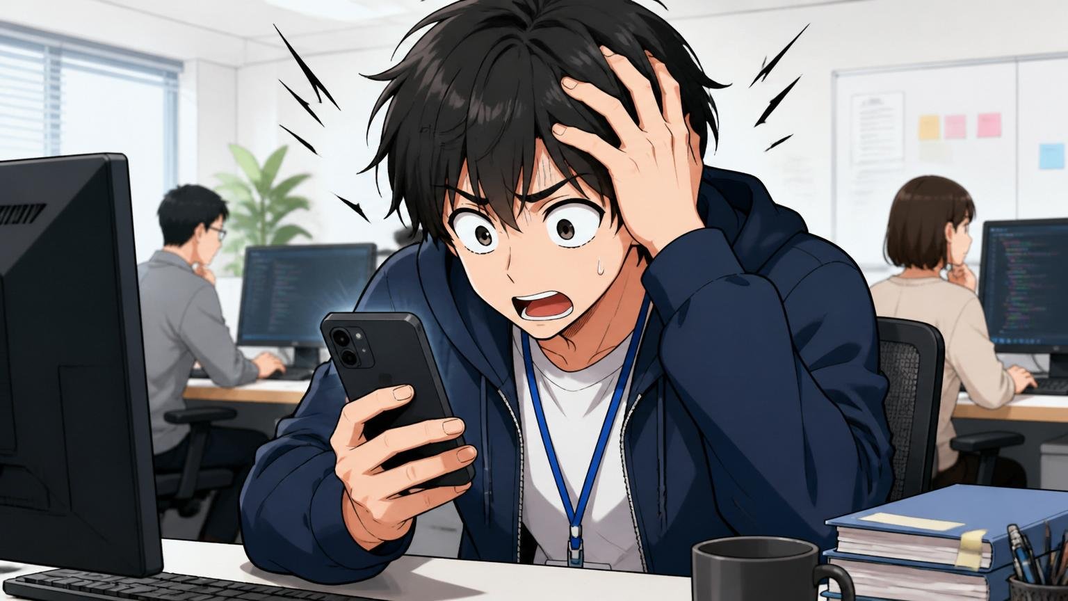 「やばい」の二つの意味に戸惑うエンジニア｜IT企業のオフィスで一人がスマホを見て驚く表情