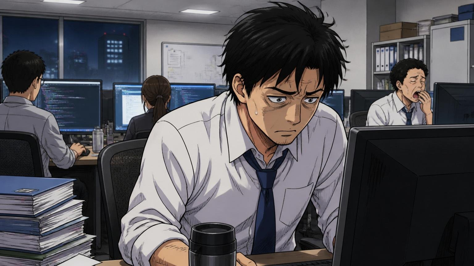 金融SIerのオフィスで深夜にPC画面を見つめる30代男性エンジニア。眉間にしわ、疲れた表情、肩を落とした姿勢。