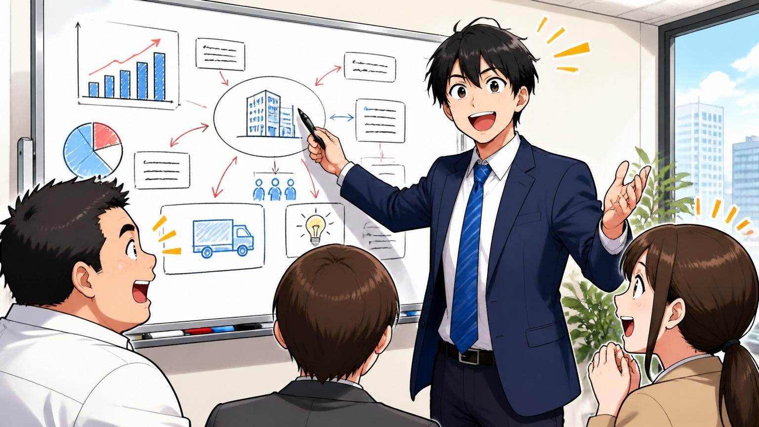 新宿のオフィスでホワイトボードに事業内容を書き出し説明する男性社員1人、笑顔で身ぶり手ぶり