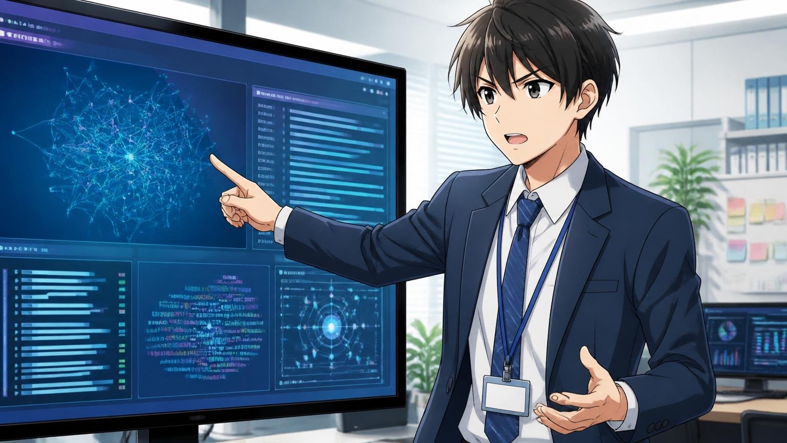 FRONTEOはどんな会社か、IT企業のオフィスで男性社員が1人でAI解析画面を指さして真剣に説明している