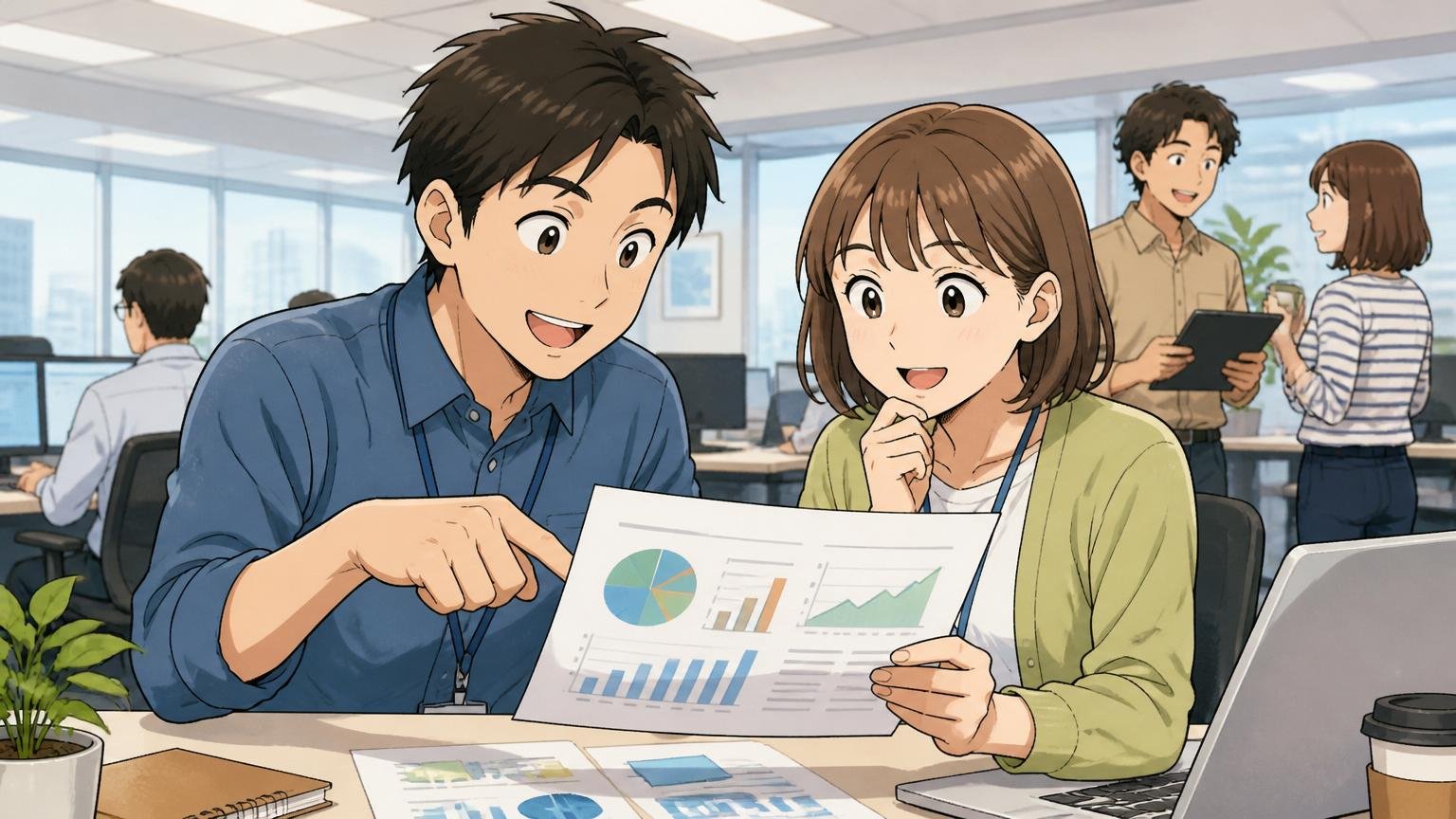 会社の正体を整理する。IT企業のオフィスで資料を見ながら納得の表情を浮かべる男女2人