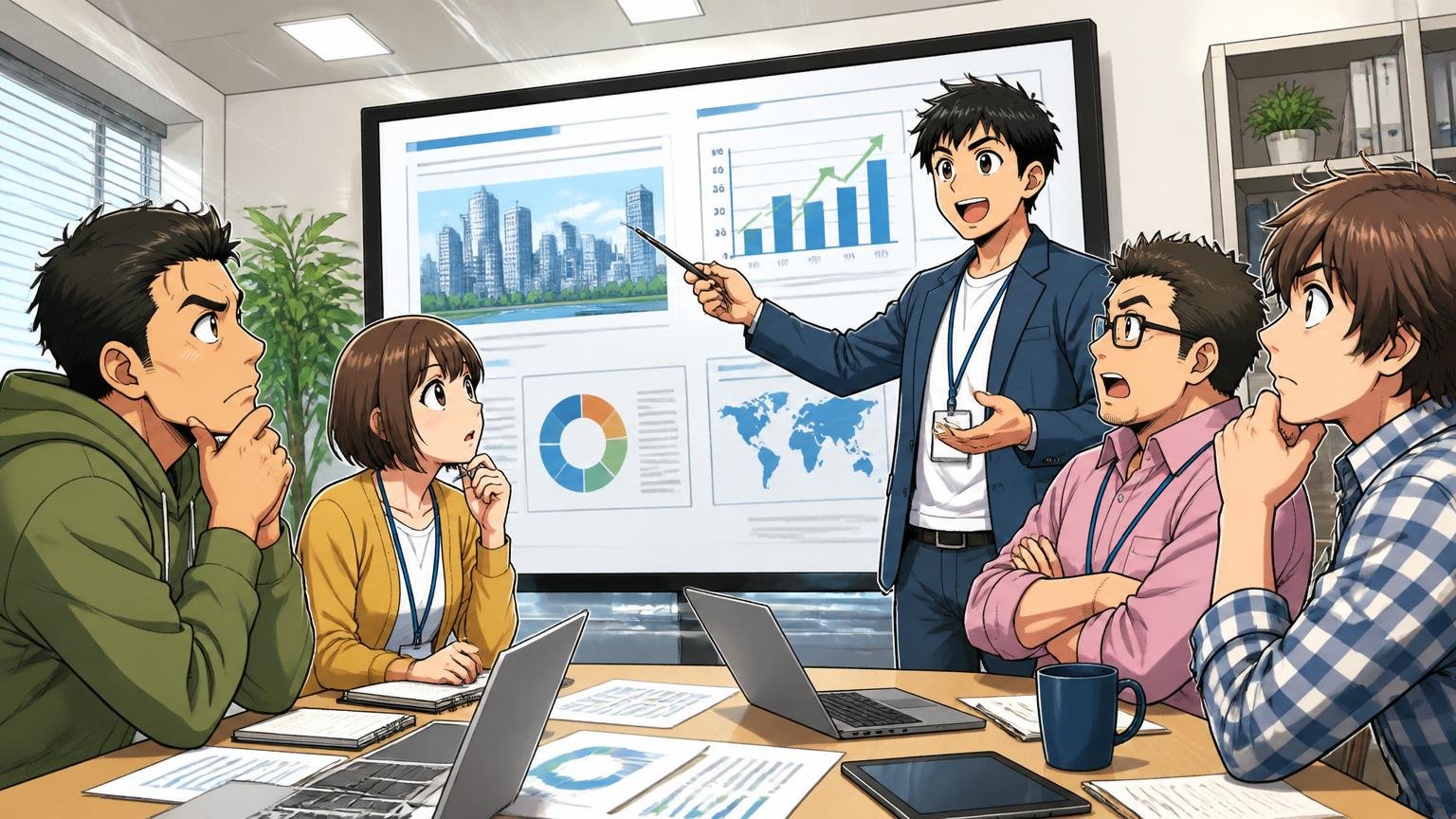 H.R.I株式会社のオフィスで複数のIT社員が会社概要の資料を前に説明を受け真剣にうなずいている様子