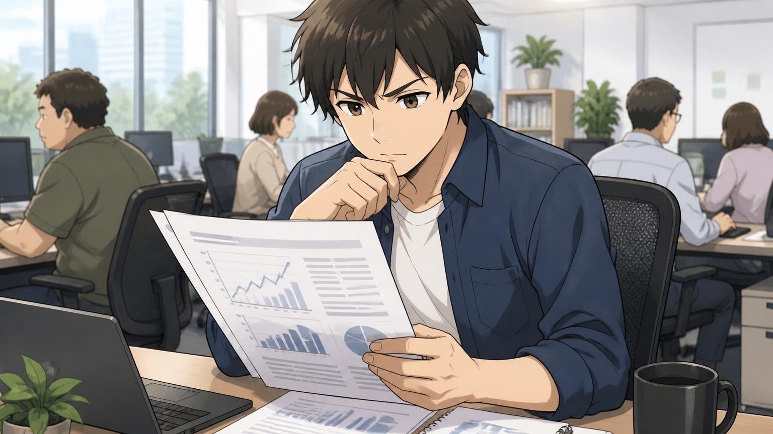 株式会社Gizumoの会社概要を確認する、渋谷のIT企業オフィスで資料を見る20代男性が真剣な表情